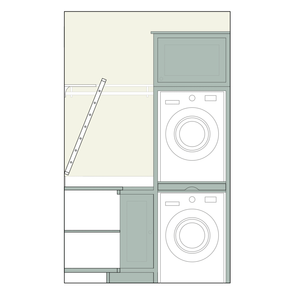 Section drawing of bespoke laundry room units with stacked washing machine and dryer, and a wall-mounted drying rack.