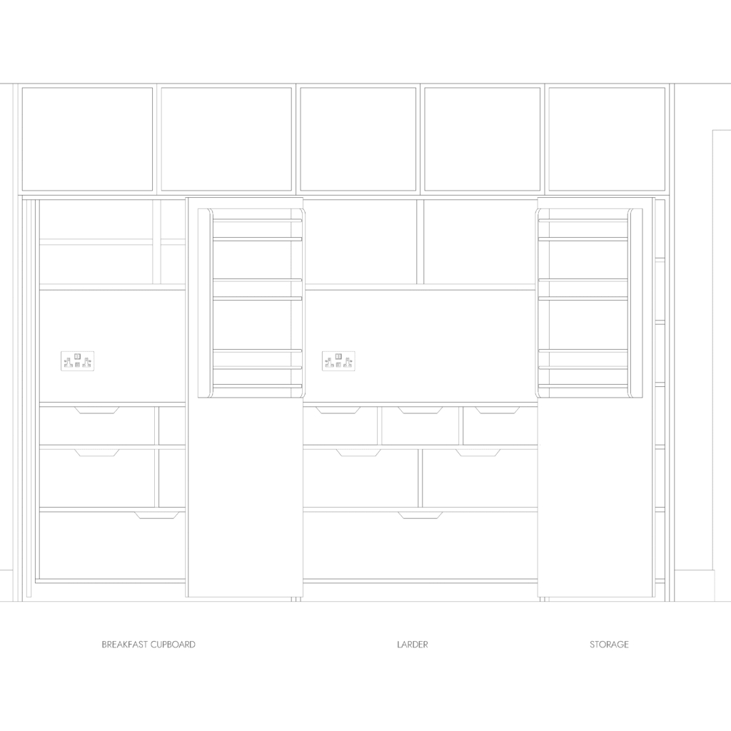 Bespoke larder design with under counter integrated fridge and spice racks.