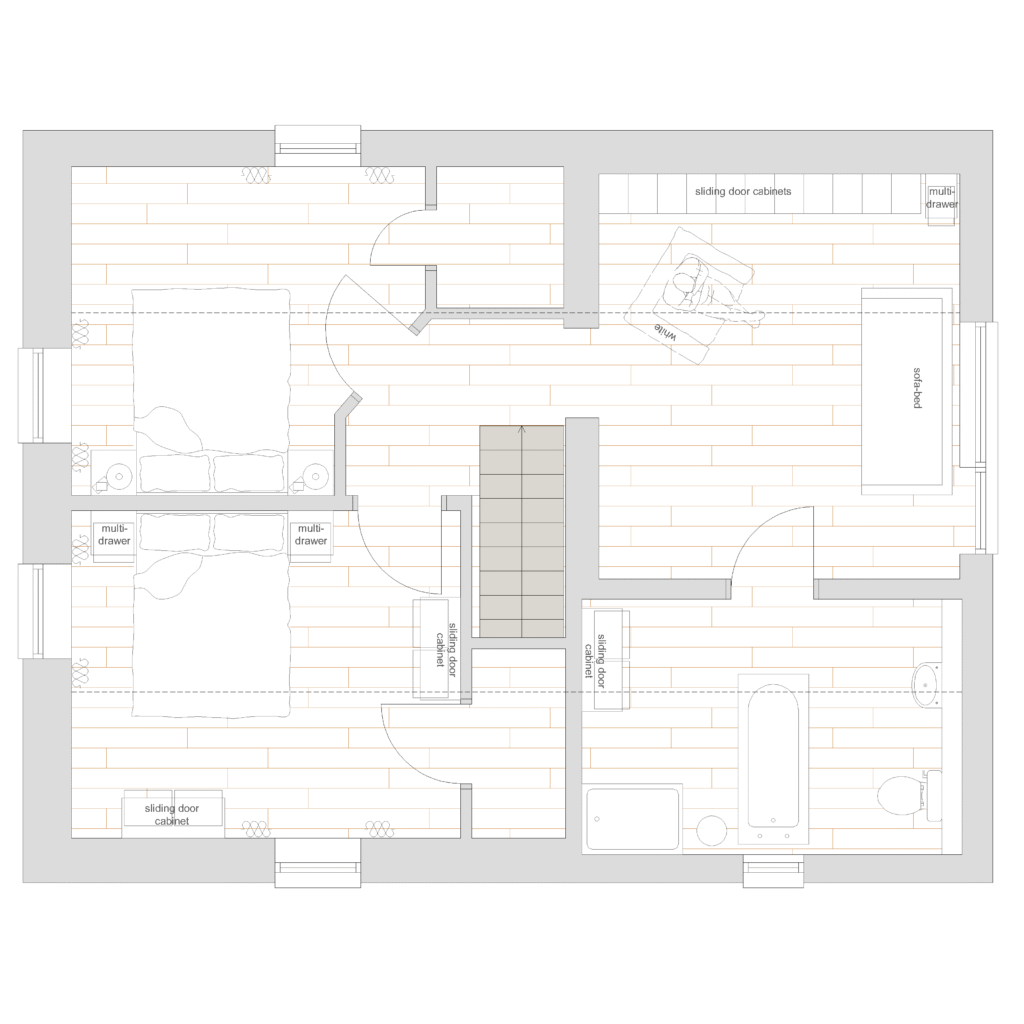 Swedish Farmhouse floor plan showing bedroom layouts.