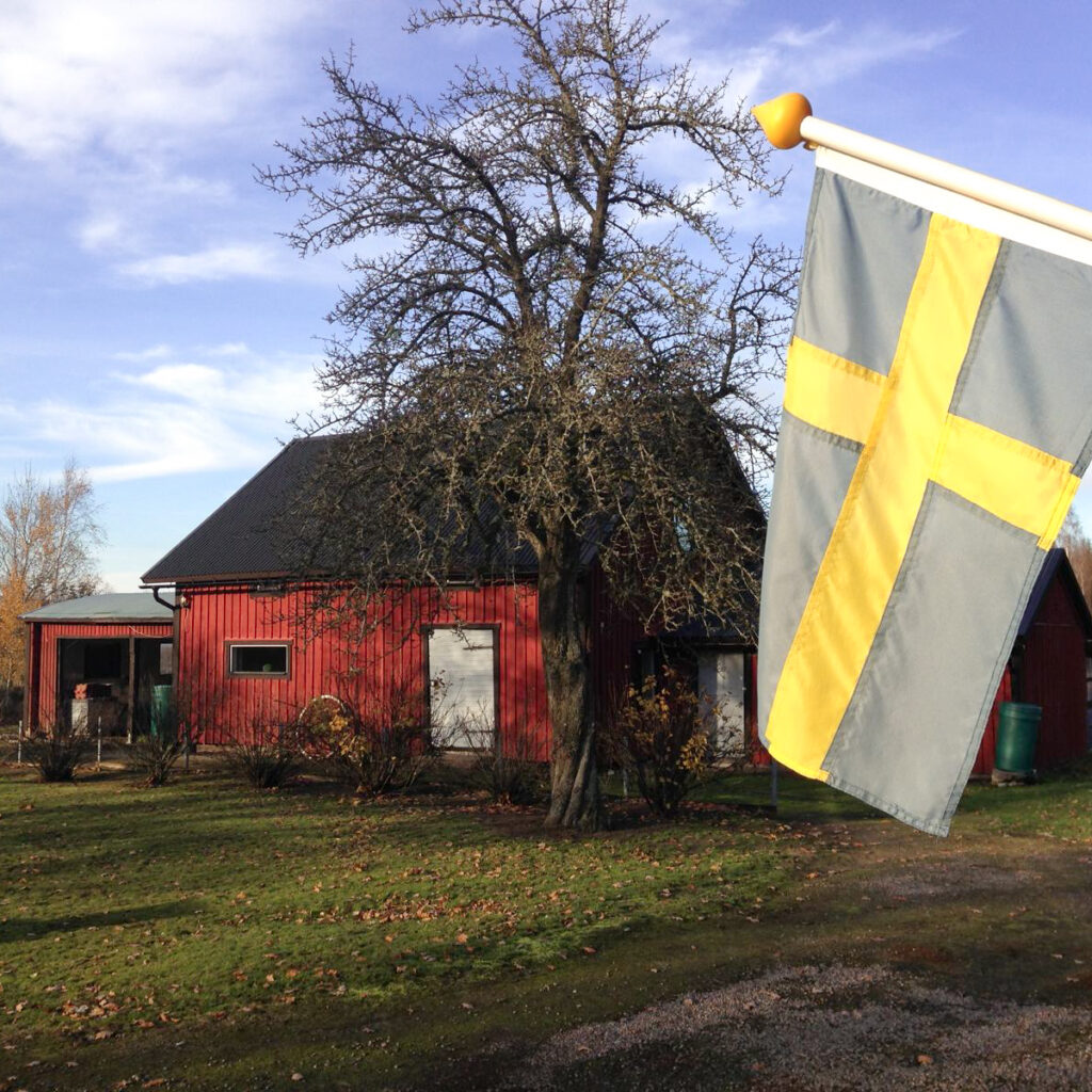 Swedish Farmhouse Barn with Swedish flag in the foreground.