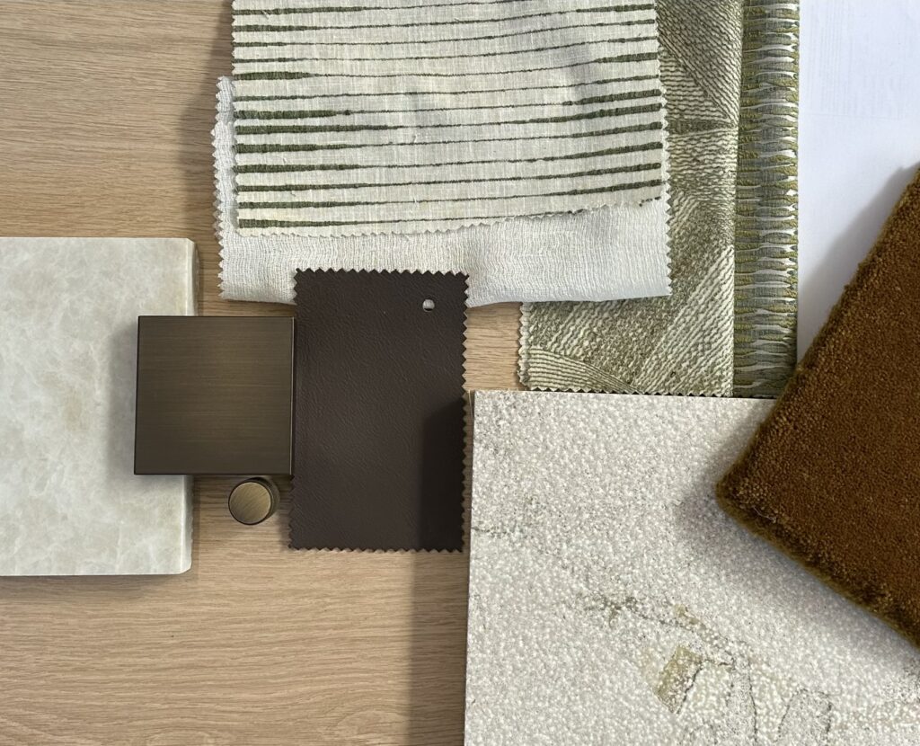 Material and architectural finishes moodboard including Taj Mahal stone, leather, Nordic Knots rug sample, Jung switch, Lizzo, Alhambra and Harlequin fabric.