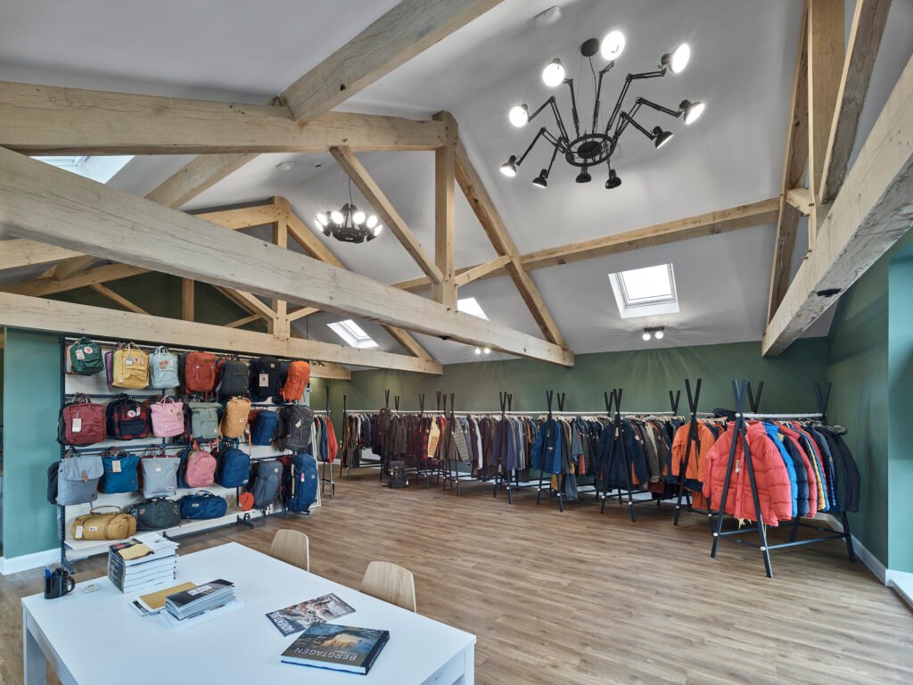 Interior of Billy's Space commercial unit in The Lake District with Fjallraven merchandise.