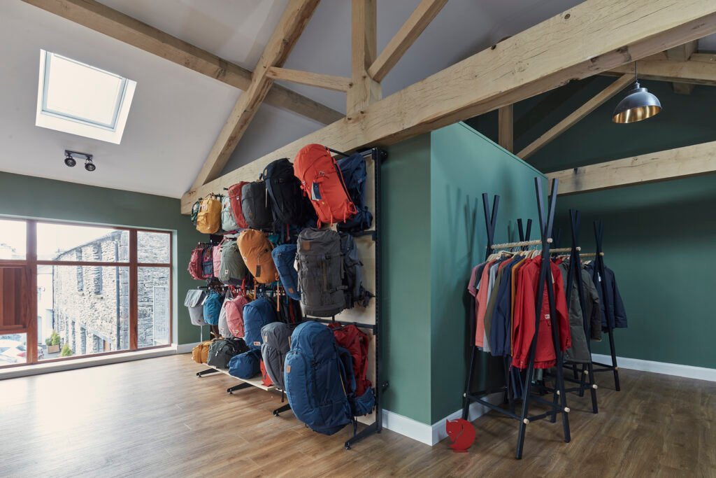 Interior of Billy's Space commercial unit in The Lake District with Fjallraven merchandise.